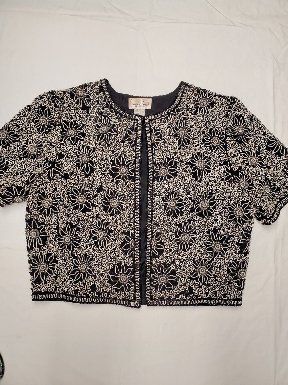 Laurence Kozar NY Vintage Beaded Sequin Jacket XL Black Pearl Floral Evening